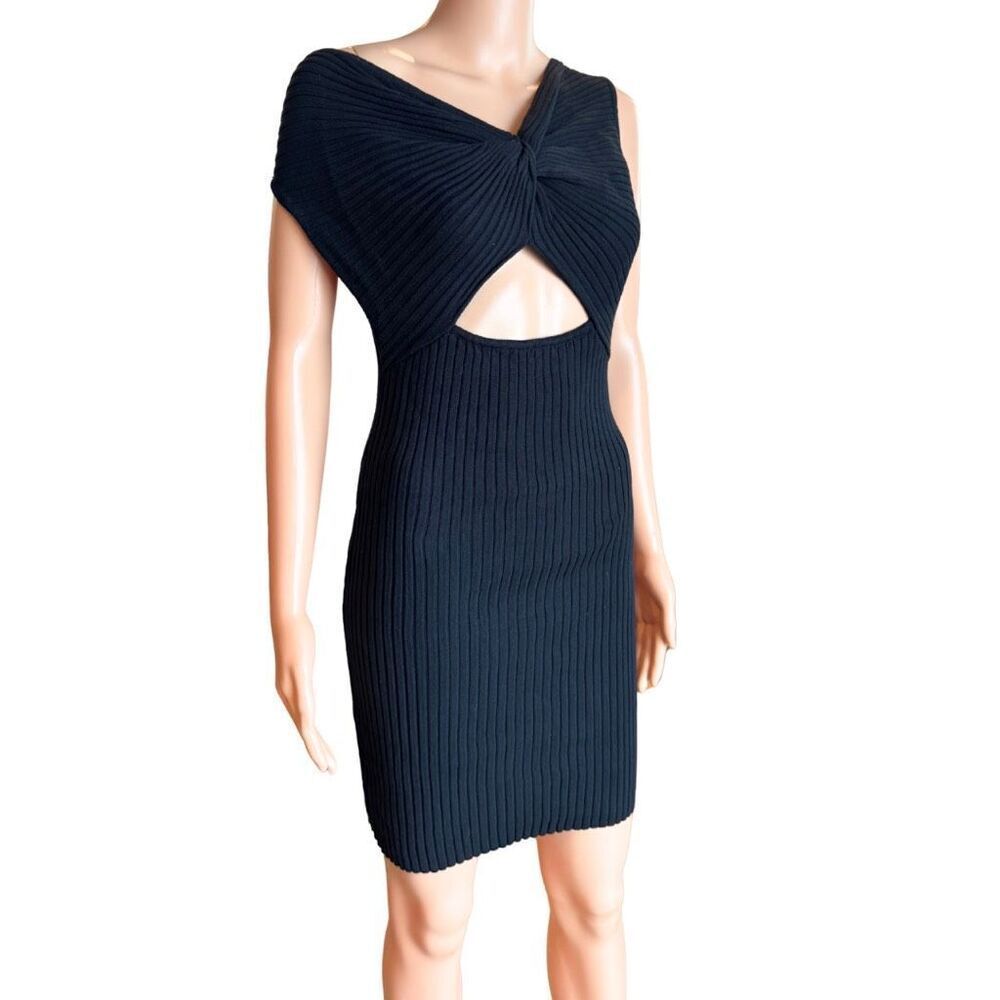 Anna Quan Zali Dress 10 Black Ribbed Knit One Shoulder Cutout Mini Bodycon NWT - Picture 9 of 13